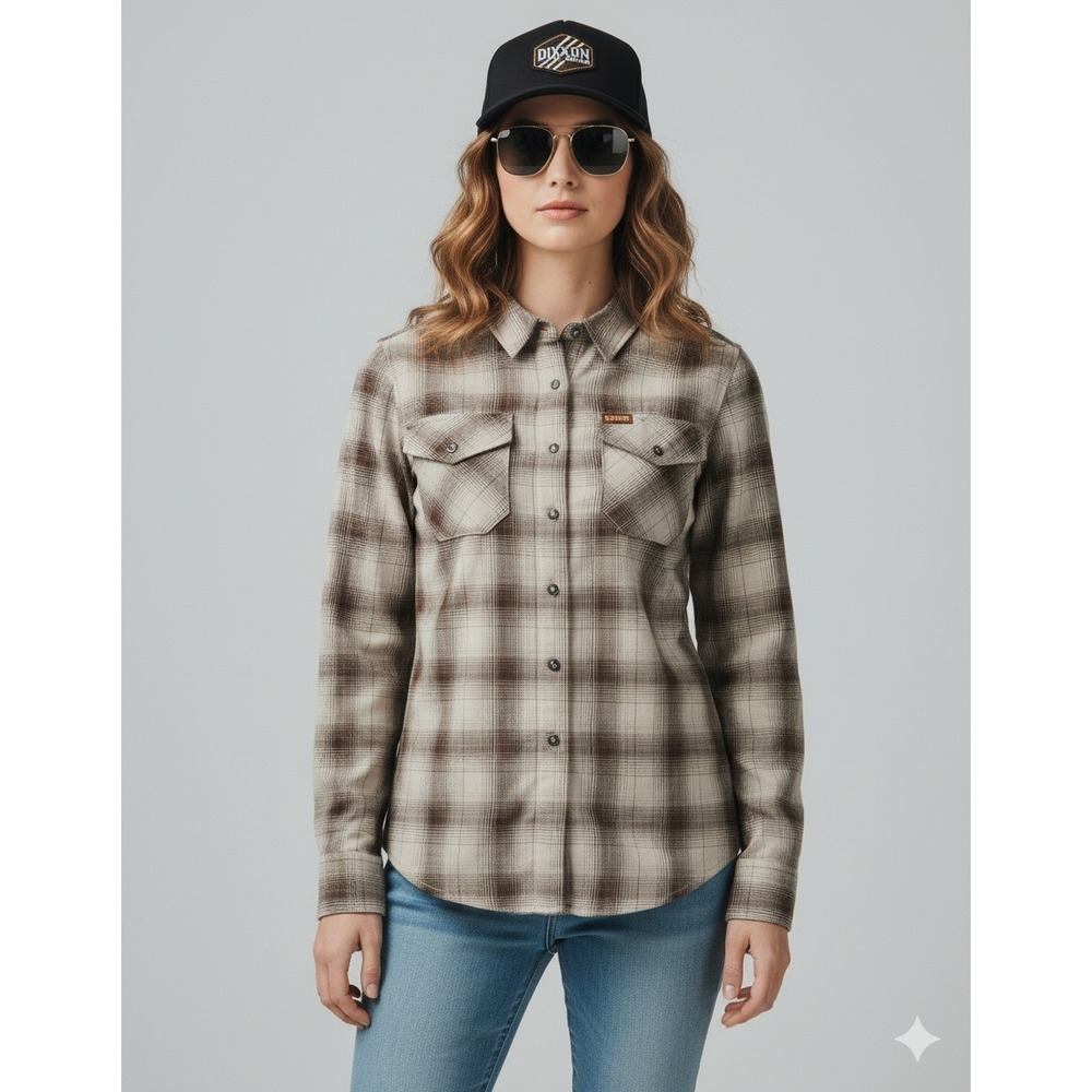 DIXXON Flannel Plaid‎ Button Up Shirt Womens Small Long Sleeve Beige Brown